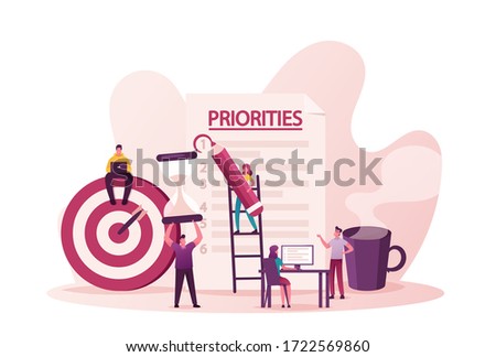 Priorities Organize Concept. Tiny Male and Female Characters Put Tasks on Paper for Effective Daily Planning, Scheduling Working Process. Timetable and Aiming. Cartoon People Vector Illustration