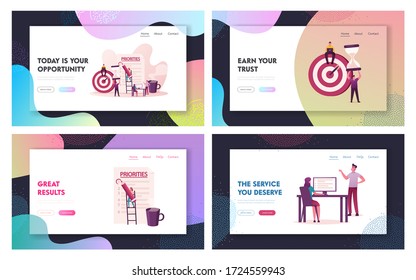 Priorities Organize Landing Page Template Set. Tiny Characters Put Tasks on Paper for Effective Daily Planning, Scheduling Working Process. Timetable and Aiming. Cartoon People Vector Illustration