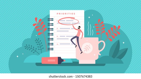 Priorities vector illustration. Flat tiny agenda importance to do list persons concept. Work planning and management to boost your efficiency. Checklist with goal prioritize and urgency choice process