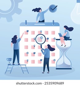 Prioridades en el trabajo y el horario. Mujeres de negocios, reloj de arena y gran horario. Gestión del tiempo y concepto de trabajo en equipo. Personajes femeninos inteligentes en estilo de moda. Trabajo bien hecho Anuncio. Ilustración vectorial