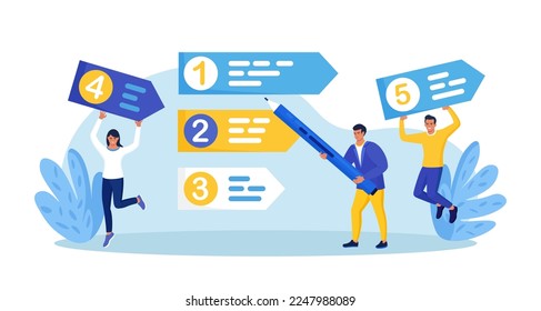 Prioritization. Businessmen set work priority, arrange to do list. Employees standing near important tasks list. Checklist with missions, urgency choice. Task planning, management to boost efficiency