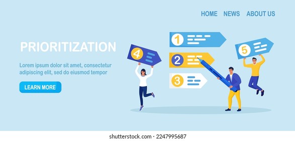 Prioritization. Businessmen set work priority, arrange to do list. Employees standing near important tasks list. Checklist with missions, urgency choice. Task planning, management to boost efficiency