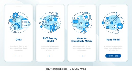 Prioritization frameworks blue onboarding mobile app screen. Walkthrough 4 steps editable graphic instructions with linear concepts. UI, UX, GUI template. Myriad Pro-Bold, Regular fonts used