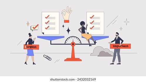 Prioritization method for effective time management retro tiny person concept. Productive work with agenda and schedule priority comparison as urgent and important tasks division vector illustration.