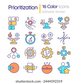 Prioritization methods RGB color icons set. Time management, process optimization. Scheduling systems. Isolated vector illustrations. Simple filled line drawings collection. Editable stroke