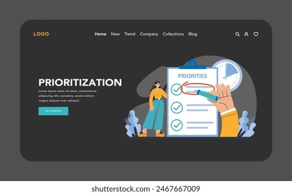Prioritization night or dark mode web or landing page. Strategic focus on essential tasks for productivity increase. Effective time allocation and goal setting. Flat vector illustration.