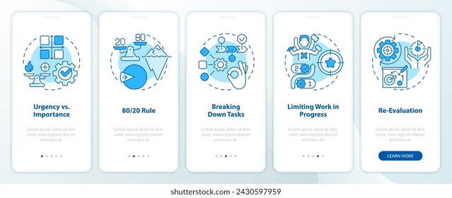 Prioritization principles blue onboarding mobile app screen. Walkthrough 5 steps editable graphic instructions with linear concepts. UI, UX, GUI template. Myriad Pro-Bold, Regular fonts used