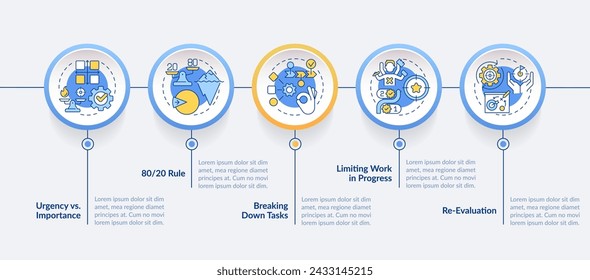 Principios de priorización, plantilla de infografía de círculo de control de enfoque. Visualización de datos con 5 pasos. Gráfico de información de línea de tiempo editable. Diseño de flujo de trabajo con iconos de línea. Lato-Bold, fuentes normales utilizadas