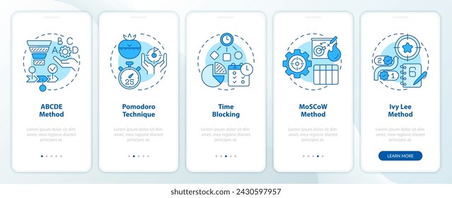 Prioritization techniques blue onboarding mobile app screen. Walkthrough 5 steps editable graphic instructions with linear concepts. UI, UX, GUI template. Myriad Pro-Bold, Regular fonts used