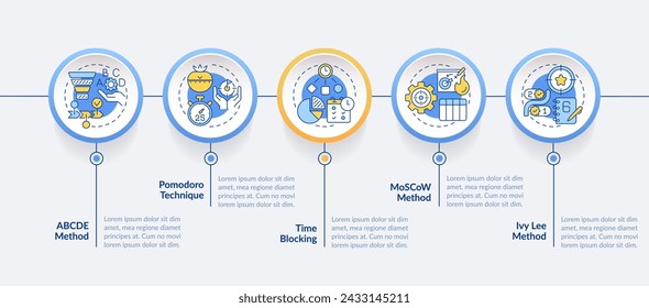 Prioritization techniques circle infographic template. Time management. Data visualization with 5 steps. Editable timeline info chart. Workflow layout with line icons. Lato-Bold, Regular fonts used