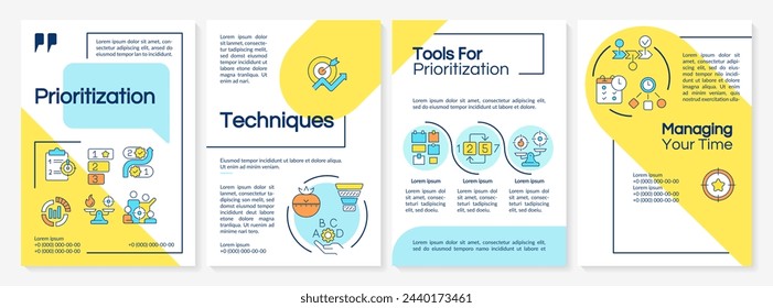 Prioritization techniques green circle brochure template. Leaflet design with linear icons. Editable 4 vector layouts for presentation, annual reports. Questrial, Lato-Regular fonts used