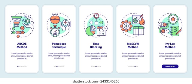 Prioritization techniques onboarding mobile app screen. Walkthrough 5 steps editable graphic instructions with linear concepts. UI, UX, GUI template. Myriad Pro-Bold, Regular fonts used