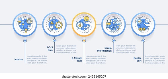 Prioritization tools circle infographic template. Task management. Data visualization with 5 steps. Editable timeline info chart. Workflow layout with line icons. Lato-Bold, Regular fonts used