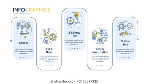 Prioritization tools rectangle infographic template. Task priority. Data visualization with 5 steps. Editable timeline info chart. Workflow layout with line icons. Lato-Bold, Regular fonts used