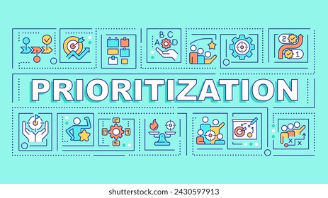 Prioritization turquoise word concept. Time management. Focus control. Typography banner. Flat design. Vector illustration with title text, editable line icons. Ready to use. Arial Black font used