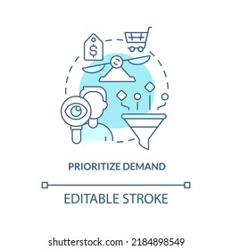 Dar prioridad al icono del concepto turquesa de la demanda. Analítica. Ilustración de línea delgada de ideas abstractas de prerrogativa de la cadena de suministro. Dibujo de contorno aislado. Trazo editable. Fuentes Arial, Myriad Pro-Bold utilizadas