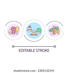 Priorizar el icono de concepto de bucle de buena nutrición. Mantener una dieta equilibrada, abstracta idea de la delgada línea ilustración. Comer sano para la pérdida de peso. Dibujo de contorno aislado. Trazo editable. Tipo de letra arial utilizado