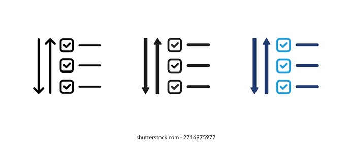 Ícone de lista de verificação priorizada. Lista de tarefas com marcas de seleção e setas para cima e para baixo. Símbolo de gerenciamento de tarefas, classificação, planejamento e organização de fluxo de trabalho para negócios, produtividade e design de interface do usuário.