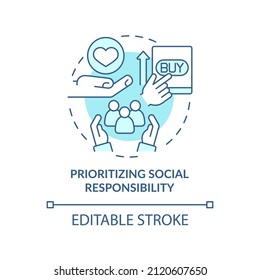 Prioritizing social responsibility turquoise concept icon. Marketing trend abstract idea thin line illustration. Isolated outline drawing. Editable stroke. Arial, Myriad Pro-Bold fonts used