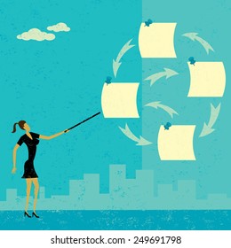 Prioritizing Tasks A businesswoman using notes to prioritize her tasks over an abstract skyline background.The woman & notes and the background are on a separate labeled layers.
