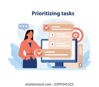 Prioritizing tasks concept. Confident woman with checklist, marking top priorities. Efficient workflow organization. Task management and optimization. Flat vector illustration.