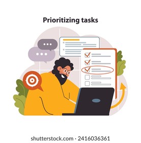 Prioritätensetzung bei Aufgaben. Fokussiert Mann auf Laptop, Hervorhebung wichtiger Elemente auf einer Checkliste. Effizienz im Aufgabenmanagement und bei der Zielsetzung. Flache Vektorgrafik