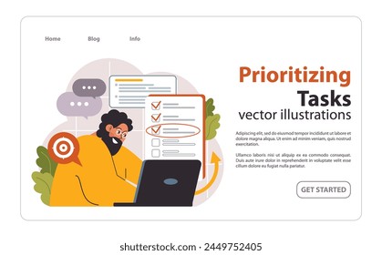 Prioritizing tasks concept. Focused man at laptop, highlighting important items on a checklist. Efficiency in task management and goal setting. Flat vector illustration