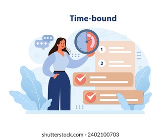 Dar prioridad a los objetivos con plazos determinados. Una mujer con reloj hace hincapié en la observancia del plazo, las tareas de la lista de verificación y la finalización puntual del proyecto. Cumplimiento de los objetivos de programación oportuna y eficiente. Vector plano