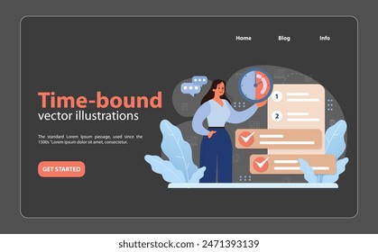 Prioritizing time-bound objectives. Woman with clock emphasizes deadline adherence, checklisted tasks, and punctual project completion. Meeting targets timely, efficient scheduling. Flat vector