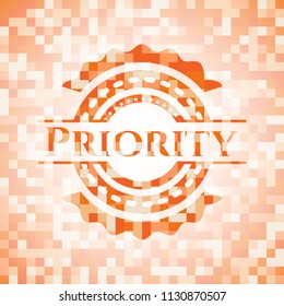 Priority abstract emblem, orange mosaic background