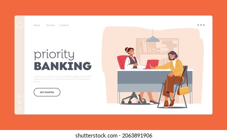 Priority Banking Landing Page Template. Professional Service, Customer And Banker Characters In Bank Office. Finance Manager And Client. Credit, Deposit Consult. Cartoon People Vector Illustration