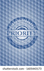Priority blue emblem or badge with geometric pattern background. Vector Illustration. Detailed.