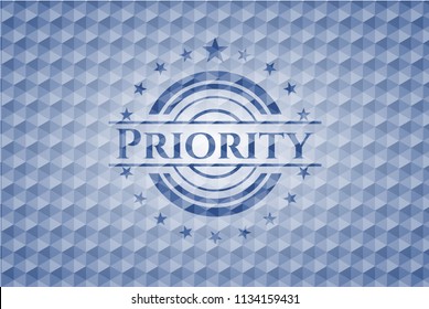 Priority blue emblem with geometric background.