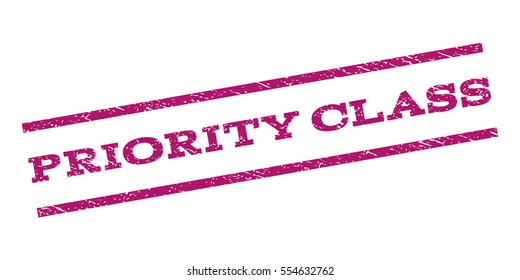 Priority Class watermark stamp. Text tag between parallel lines with grunge design style. Rubber seal stamp with unclean texture. Vector purple color ink imprint on a white background.