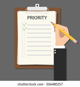 priority concept illustration with business man hand signing a paper work document on clipboard with wooden table