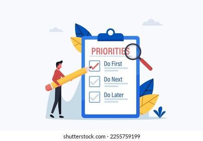 Ilustración de concepto prioritario, agenda importante para la planificación y la gestión del trabajo, lista de comprobación de hombres de negocios con objetivos prioritarios y proceso de selección de urgencia