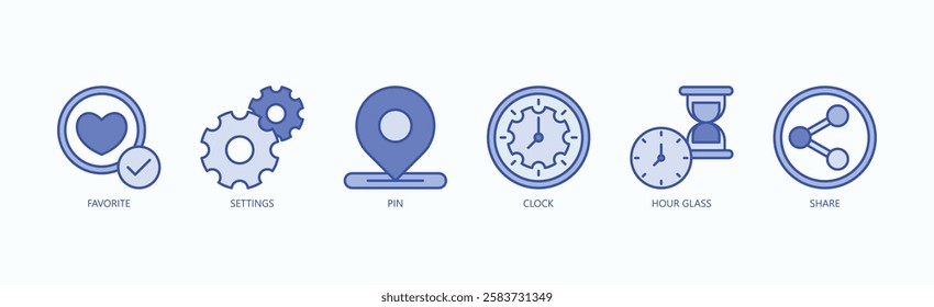 Priority And Control Icon Set Isolated Vector With Icon Of Favorite, Settings, Pin, Clock, Hour Glass, Share In Blue Style