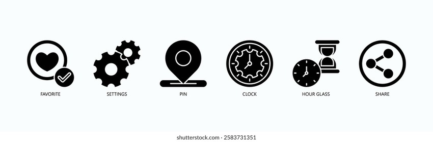 Priority And Control Icon Set Isolated Vector With Icon Of Favorite, Settings, Pin, Clock, Hour Glass, Share In Glyph Style