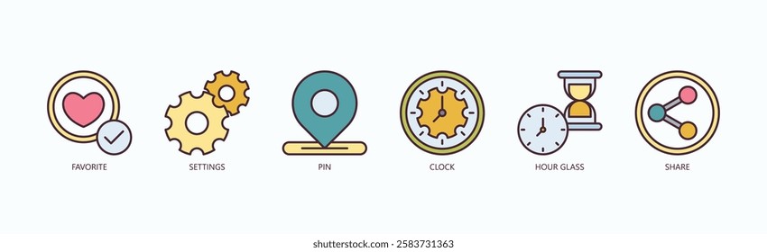 Priority And Control Icon Set Isolated Vector With Icon Of Favorite, Settings, Pin, Clock, Hour Glass, Share In Outline Color Style