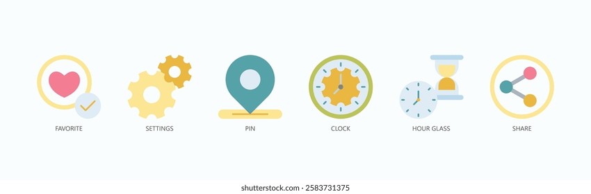 Priority And Control Icon Set Isolated Vector With Icon Of Favorite, Settings, Pin, Clock, Hour Glass, Share In Flat Style