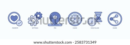 Priority And Control Icon Set Isolated Vector With Icon Of Favorite, Settings, Pin, Clock, Hour Glass, Share In Blue Style