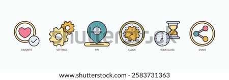 Priority And Control Icon Set Isolated Vector With Icon Of Favorite, Settings, Pin, Clock, Hour Glass, Share In Outline Color Style