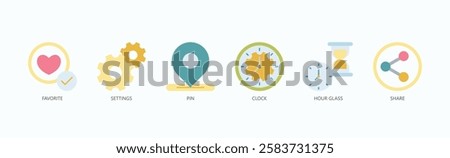 Priority And Control Icon Set Isolated Vector With Icon Of Favorite, Settings, Pin, Clock, Hour Glass, Share In Flat Style