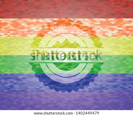 Priority emblem on mosaic background with the colors of the LGBT flag