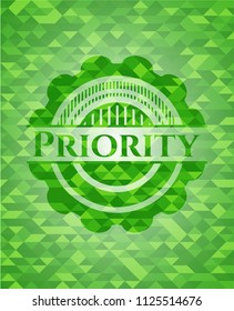 Priority green emblem. Mosaic background