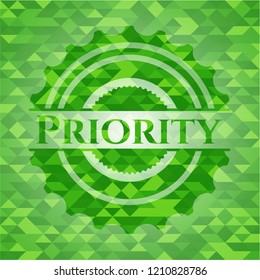 Priority green emblem with mosaic background