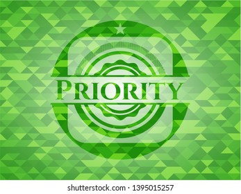 Priority green emblem with mosaic background. Vector Illustration. Detailed.
