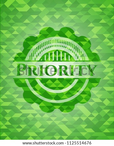 Priority green emblem. Mosaic background
