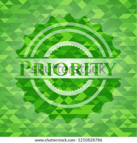 Priority green emblem with mosaic background