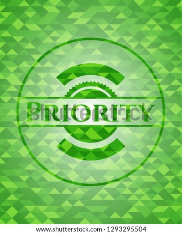 Priority green emblem with mosaic background